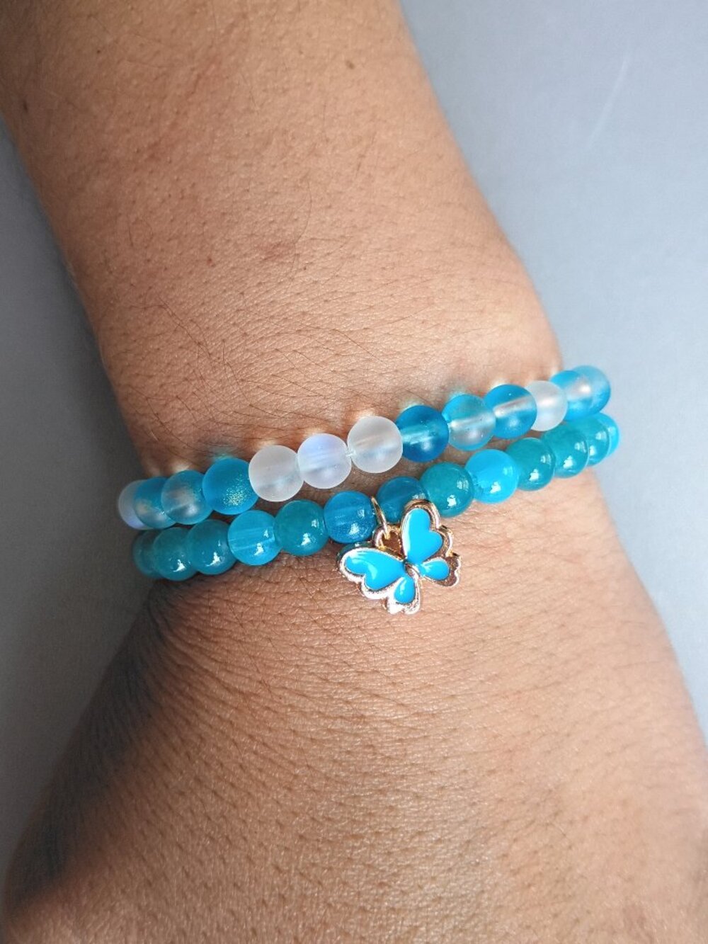 Handmade Blue Glass Beaded Bracelet Stack (2-piece Set) Butterfly Charm 6"